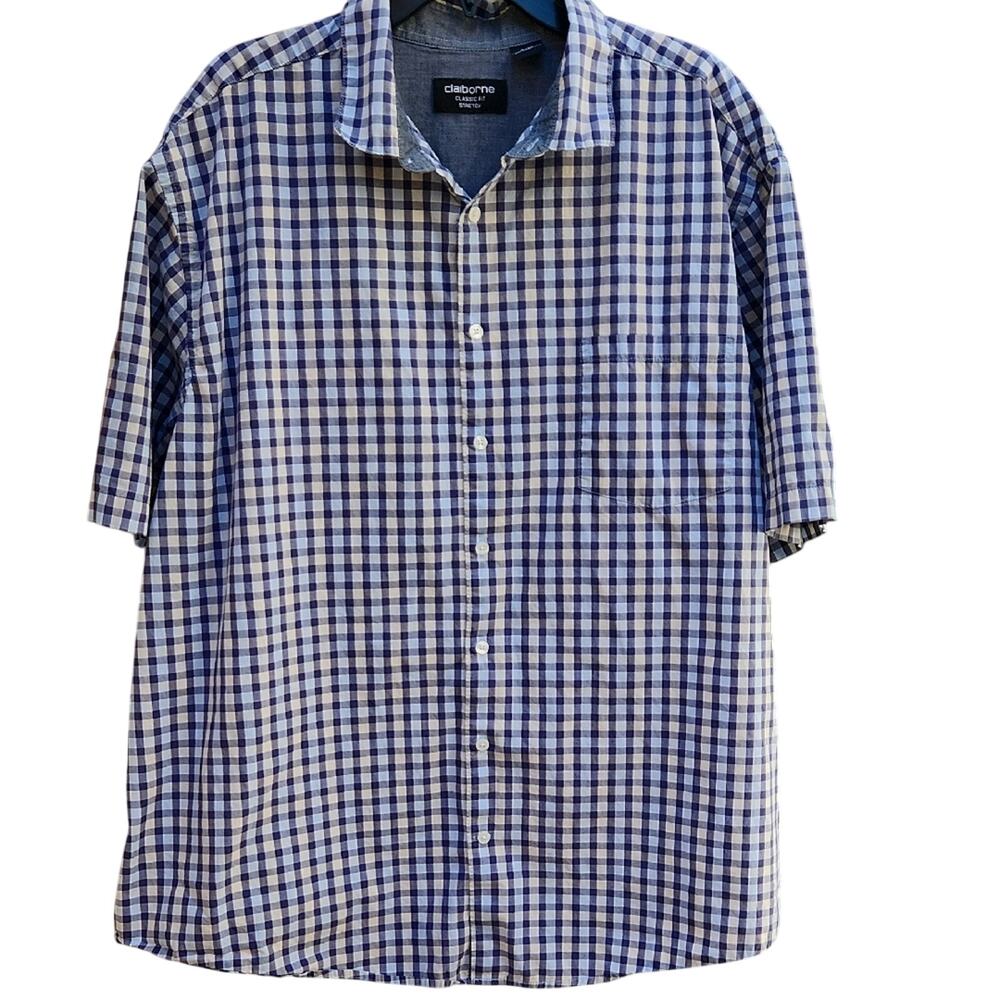 Claiborne Mens 2XLT Navy and White Gingham Short-Sleeve Button-Up Shirt